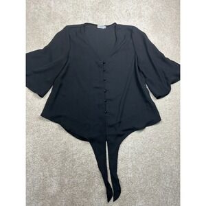 Kancystore Solid Tie Front Blouse M Black Button Down Flared Sleeve Chic Goth